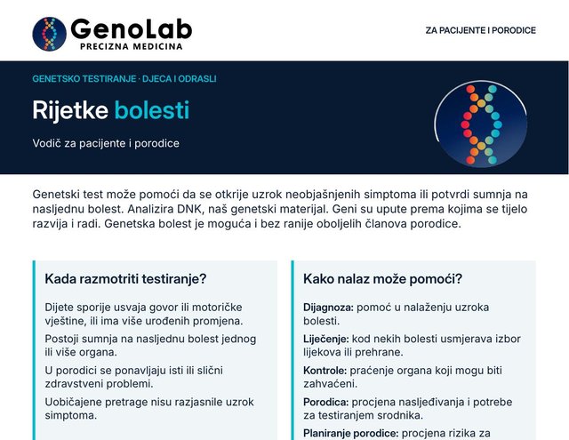 Prva stranica dokumenta: Rijetke bolesti — vodič za pacijente i porodice